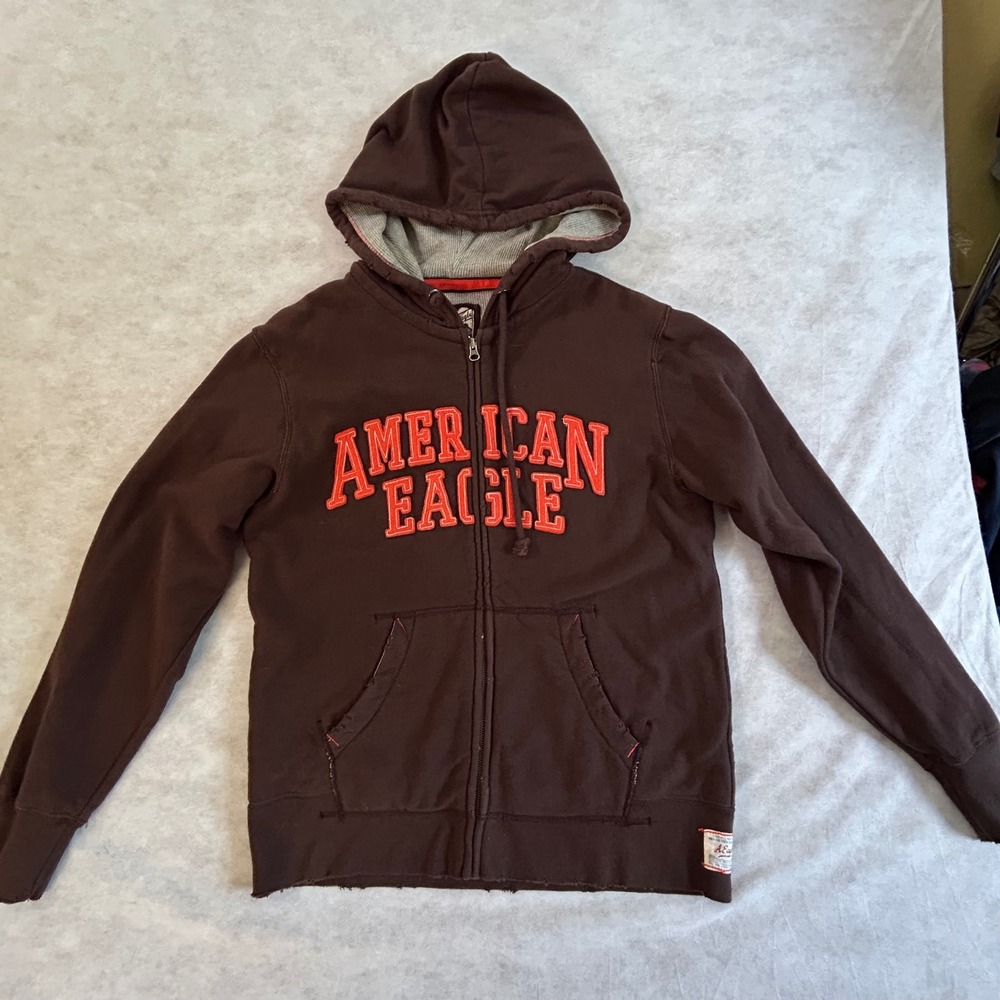 American Eagle Mens Brown Zip Up Hoodie Orange Applique Distressed Fleece